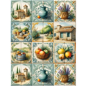 Op de afbeelding: Een raster van decoratieve keramische tegels met illustraties van mediterrane stenen huizen, blauwe kannen, gevlochten manden gevuld met lavendel en schalen met vers fruit en groenten in blauwe, gele en groene tinten.