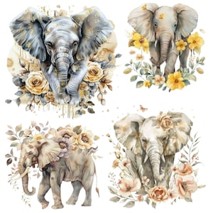May include: Four watercolor illustrations of elephants surrounded by flowers. The elephants are gray and white with gold accents. The flowers are in shades of yellow, peach, and cream. The overall theme is elegant and whimsical.