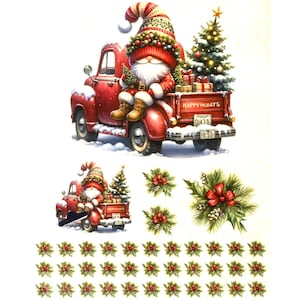 Könnte beinhalten: Weihnachtliches Bild mit einem roten Truck, gefahren von einem Wichtel. Der Truck ist mit Geschenken und einem Weihnachtsbaum beladen. Der Text "HAPPY HOLIDAYS" ist sichtbar. Zusätzliche festliche Elemente sind ebenfalls vorhanden.