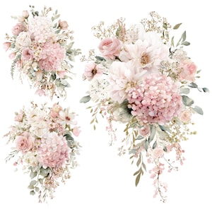 Può includere: Composizioni floreali ad acquerello con ortensie rosa, rose e altri fiori delicati. I bouquet sono accentuati da fogliame verde e piccoli rametti, creando un'estetica morbida e romantica. I fiori sono disposti in uno stile sciolto e naturale.