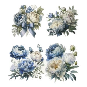 Può includere: Illustrazioni ad acquerello di composizioni floreali di peonie nei toni del blu e del crema. Alcune composizioni includono un nastro blu. I bouquet floreali sono su sfondo bianco.