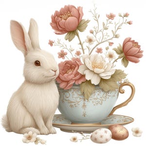 Può includere: Un coniglietto bianco è seduto accanto a una tazza da tè azzurra piena di fiori rosa e bianchi. La tazza da tè poggia su un piattino abbinato e due uova di Pasqua decorate sono davanti. L'immagine ha una palette di colori pastello.