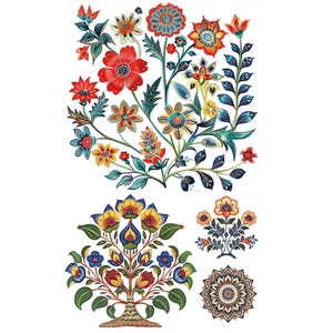 May include: A collection of colorful floral designs in red, blue, yellow, and orange. The image features several stylized flower arrangements, including a large bouquet and a tree-like design, all with intricate details and patterns.