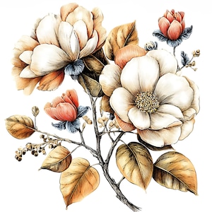 Könnte beinhalten: Aquarell-Illustration eines Blumenarrangements. Es zeigt große, cremeweiße Blüten mit goldbraunen Blütenblättern und Blättern. Korallenfarbene Knospen und blau-graue Details vor weißem Hintergrund. Das Kunstwerk ist botanisch.