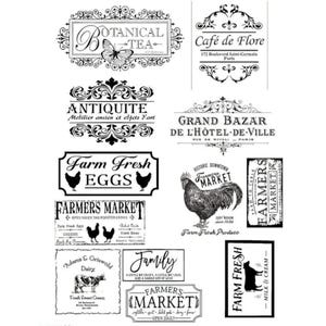 May include: Black and white vintage style graphic design elements for use in crafting, scrapbooking, or other creative projects. The graphics include text such as "Farm Fresh Eggs", "Farmers Market", "Cafe de Flore", "Grand Bazar de L'Hotel-de-Ville", and "Botanical Tea".