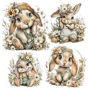 Puede incluir: Cuatro ilustraciones de adorables conejitos con detalles florales. Cada conejito se representa en una pose diferente, vistiendo atuendos en tonos verdes y amarillos. Los conejitos están rodeados de flores y vegetación, creando una estética caprichosa y encantadora.