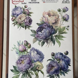 Purple Peony Furniture Transfer Paper, Flower Decor Water Slide Decal, Flower Image Craft Transfer, Decorative Redesign Transfer Sheet