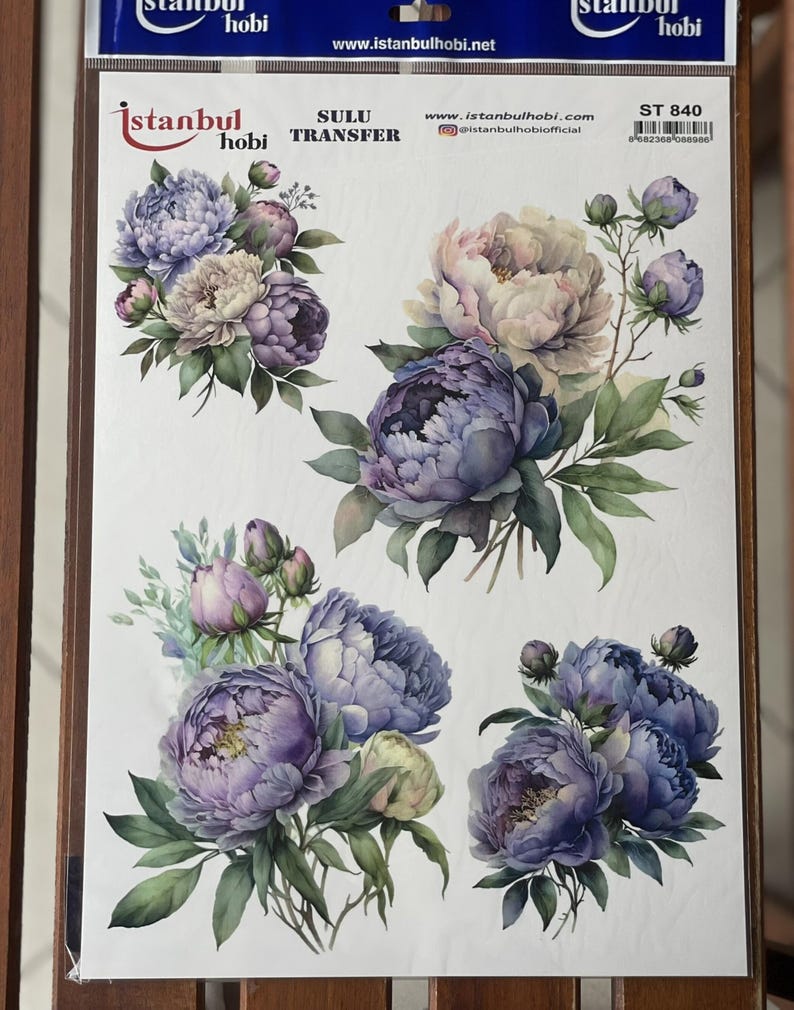 Purple Peony Furniture Transfer Paper, Flower Decor Water Slide Decal, Flower Image Craft Transfer, Decorative Redesign Transfer Sheet