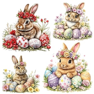 Può includere: Illustrazione ad acquerello con quattro adorabili coniglietti, ognuno adornato da una corona floreale. I coniglietti sono circondati da uova di Pasqua colorate e fiori, creando una scena festosa e affascinante. L'opera ha una palette di colori pastello.
