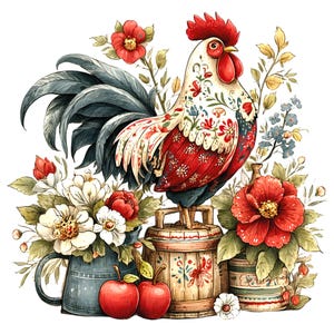 Puede incluir: Ilustración colorida de un gallo con cresta y barbilla rojas, de pie sobre un barril de madera. El cuerpo del gallo está decorado con motivos florales. Flores, manzanas y jarrones decorativos rodean al gallo.