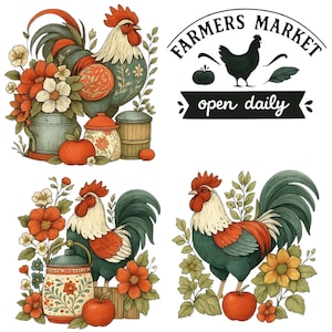 Puede incluir: Ilustraciones de gallos, flores y manzanas, con un logotipo de "Farmers Market". Los gallos tienen crestas rojas, pechos blancos y rojos, y plumas verdes y azules. El logotipo incluye una gallina negra, una calabaza y el texto "open daily."