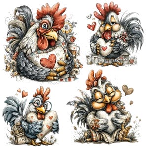 May include: Watercolor illustrations of four charming roosters, each holding a heart. The roosters feature red combs and wattles, with varying expressions and accessories, including glasses and a scroll. The artwork has a whimsical, romantic theme.