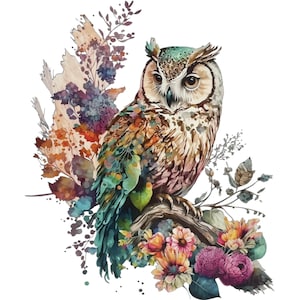 May include: A watercolor painting of an owl perched on a branch with colorful flowers and leaves. The owl has brown and green feathers with a teal blue head and yellow eyes.
