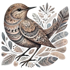 Könnte beinhalten: Detaillierte Illustration eines Vogels mit komplizierten Mustern in Braun-, Beige- und Schwarztönen. Der Vogel ist von stilisierten Federn und Blättern in gedämpften Tönen umgeben, was ein zusammenhängendes und künstlerisches Design schafft. Das Kunstwerk hat einen Aquarelleffekt.