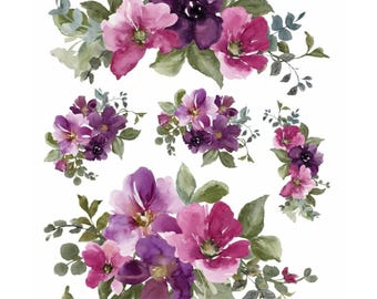 May include: Watercolor floral arrangements in shades of purple and pink. The bouquets feature various flower types with green leaves and stems. The arrangements are set against a white background, creating a delicate and artistic aesthetic.