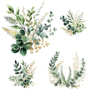 May include: Watercolor illustration of four botanical arrangements. Each arrangement features green eucalyptus leaves, fern fronds, and sprigs of golden accents. The arrangements are set against a white background, creating a fresh and natural aesthetic.
