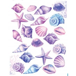 Könnte beinhalten: Eine Sammlung von Aquarell-Illustrationen von Muscheln und Seesternen in Violett-, Rosa- und Blautönen. Die Illustrationen befinden sich auf weißem Hintergrund.