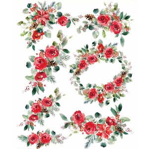 Carta da trasferimento con mini rose rosse / Decalcomania con fiori rossi per mobili / Elegante decorazione floreale per comò riprogettato / Carta artigianale personalizzata