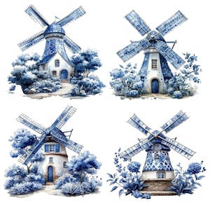 Könnte beinhalten: Aquarellillustration von vier blau-weißen Windmühlen. Jede Windmühle hat ein anderes Design mit blauen Flügeln und weißen Gebäuden. Die Windmühlen sind von blauem Laub umgeben und vor einem weißen Hintergrund platziert.