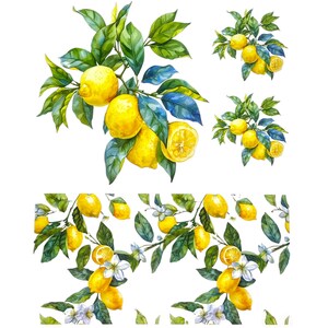 May include: A watercolour illustration of lemons on branches with green and blue leaves. The image features whole and sliced lemons, with some branches and lemons arranged in a repeating pattern. The style is reminiscent of botanical art.