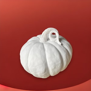 Op de afbeelding: Een witte keramische pompoen met een gedetailleerde steel. De pompoen staat op een rode achtergrond.