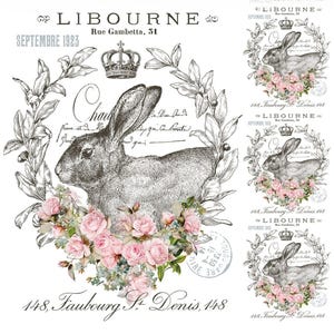 Può includere: Stampa in stile vintage con un'illustrazione dettagliata di un coniglio circondato da una ghirlanda floreale di rose rosa e verde. Il design include testo francese, una corona e le parole "LIBOURNE" e "SEPTEMBRE 1923".