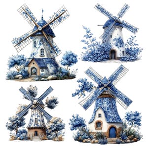 Könnte beinhalten: Aquarellillustrationen von vier Windmühlen im Delft-Stil. Jede Windmühle hat blau-weiße Blumenmuster mit blauen Akzenten auf den Flügeln und Dächern. Die Windmühlen sind von blauem Laub und Bäumen umgeben, vor einem weißen Hintergrund.