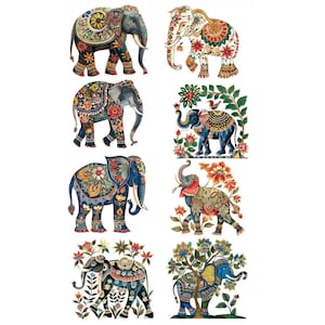 May include: Eight colorful elephant illustrations with intricate floral and geometric patterns. The elephants are depicted in various poses, showcasing a range of vibrant colors including blue, red, and green. The designs evoke a sense of cultural artistry.