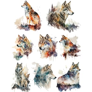 May include: A set of nine watercolour illustrations of wolves in various poses. The wolves are depicted in shades of brown, grey, and white, with splashes of colour around them. The illustrations are set against a white background.