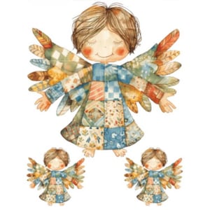May include: Watercolor illustration of an angel with patchwork wings and dress. The angel has closed eyes and a gentle smile. Two smaller versions of the angel are below the larger one. The wings are a mix of patterned fabrics in blue, orange, and green.