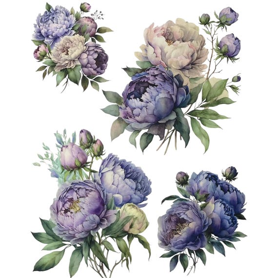 Purple Peony Furniture Transfer Paper | Flower Decor Water Slide Decal | Flower Image Craft Transfer | Decorative Redesign Transfer Sheet