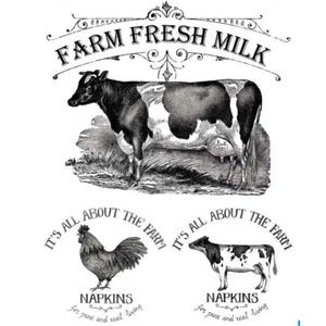 Könnte beinhalten: Schwarzweiß-Illustration einer Kuh, eines Hahns und einer Kuh mit dem Text "FARM FRESH MILK" über der ersten Kuh und "IT'S ALL ABOUT THE FARM" über dem Hahn und der zweiten Kuh. Der Text "NAPKINS for pure and real living" befindet sich unter jedem Tier.