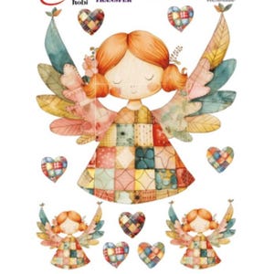 Op de afbeelding: Een set kleurrijke engel stickers met patchwork ontwerpen. De hoofdengel heeft rood haar en draagt een jurk met een patchwork ontwerp. De stickers bevatten harten en kleinere engelen.