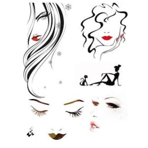 May include: A collection of black and white line art illustrations featuring stylized female faces, eyes, and lips. Some images include red lips, long eyelashes, and flowing hair. A silhouette of a woman with a cat is also present.
