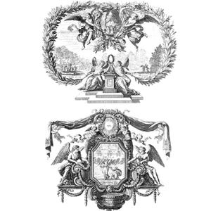 May include: Two black and white illustrations of ornate frames with angels and floral motifs. The top frame features two angels holding a wreath, while the bottom frame features two angels holding a banner.