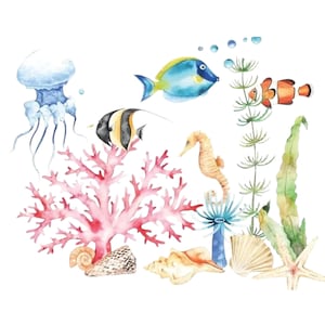 Decalcomania per scivolo d'acqua a tema acquario / Decalcomania per scivolo d'acqua con pesci colorati, meduse e coralli / Progetti artigianali per la decorazione del bagno