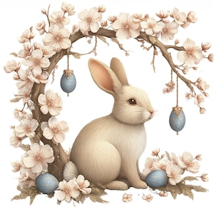 Può includere: Un coniglio color crema è seduto sotto un ramo fiorito, circondato da fiori rosa chiaro e uova di Pasqua blu. L'illustrazione ha una morbida tavolozza di colori pastello, che evoca un tema primaverile.
