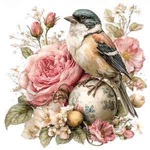 Può includere: Illustrazione ad acquerello di un uccello appollaiato su un globo decorativo, circondato da rose rosa e altri fiori. L'uccello ha la testa blu-verde, il petto bianco e le ali marroni e beige. Il globo è decorato con motivi floreali.