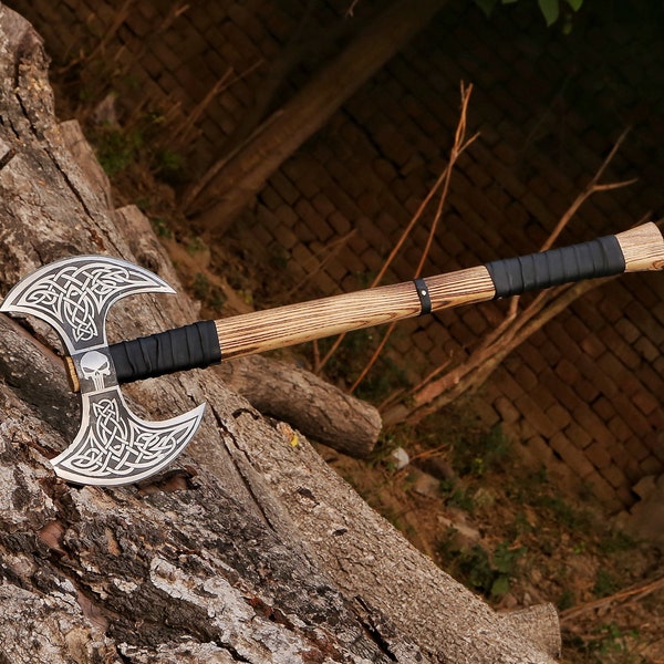 Double-Headed Viking-themed Battle Axe with Leather Sheath Gift for him,  Birthday Present, Anniversary Gift, Christmas Present