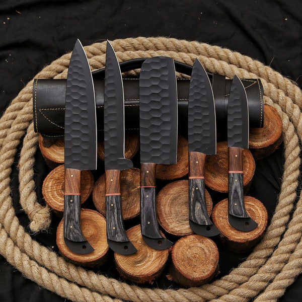 Hand Forged steel chef set of 5 knives Kitchen knife Gift for her Christmas gift Camping knife Gift for him Gift for Father  Groomsmen gift