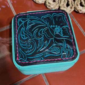 Sheridan Rose Tooled Leather Travel Jewelry Box /  Genuine Leather / Ready to Ship / Turquoise Tooled Leather