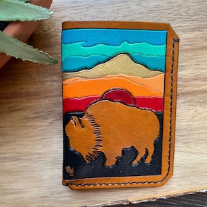 Buffalo Sunset Minimalist Wallet / Genuine leather tooled men’s women’s wallet