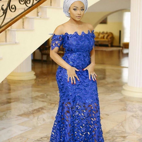 Nigerian Wedding Guest Part Guest Off the Shoulder Aso Ebi Dress Lace