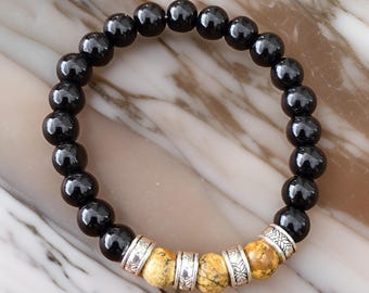 Mens Boho Beaded Bracelet: Black & Wood Effect, Handmade in UK