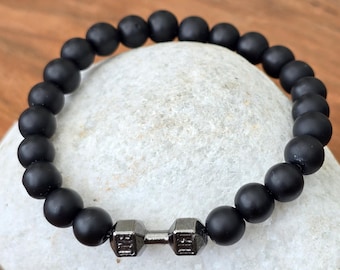 Black Beaded Dumbbell Bracelet: Fitness Motivation Jewellery