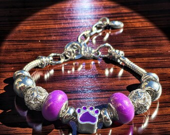 Purple Paw Bracelet, Stainless Steel Snake Chain - Pet Lover Gift