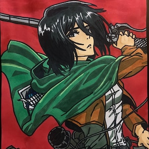 May include: A hand-drawn illustration of a female anime character with black hair, wearing a green hooded cloak, a brown jacket, and a white shirt. She is holding a weapon in her right hand and has a determined expression on her face.