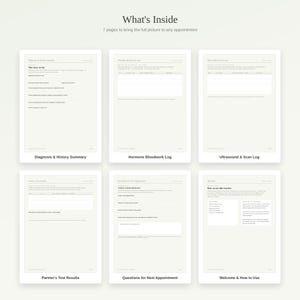 Puede incluir: Un conjunto de siete p&aacute;ginas de planificador digital para seguimiento m&eacute;dico, con encabezados como Diagnosis & History Summary, Hormone Bloodwork Log, Ultrasound & Scan Log, Partner's Test Results, Questions for Next Appointment y Welcome & How to Use.