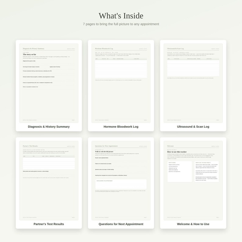 Puede incluir: Un conjunto de siete p&aacute;ginas de planificador digital para seguimiento m&eacute;dico, con encabezados como Diagnosis & History Summary, Hormone Bloodwork Log, Ultrasound & Scan Log, Partner's Test Results, Questions for Next Appointment y Welcome & How to Use.