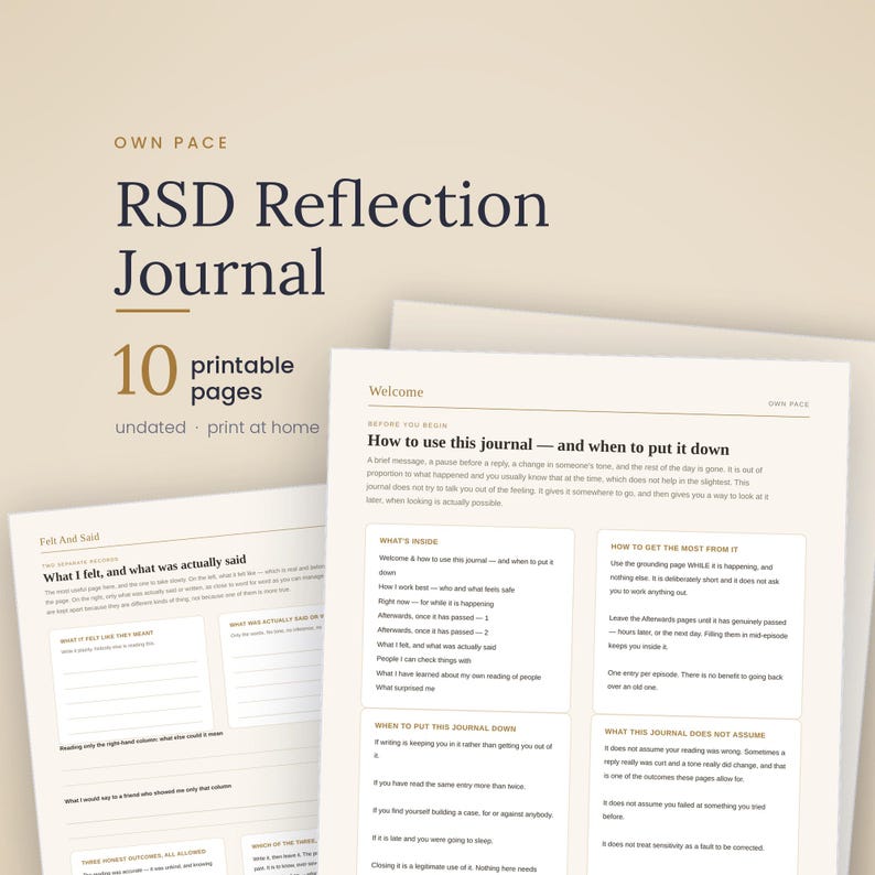 May include: A printable RSD Reflection Journal with 10 pages, featuring a beige background and dark text. The pages include sections titled Welcome, How to use this journal, What I felt, and what was actually said, with structured writing prompts.